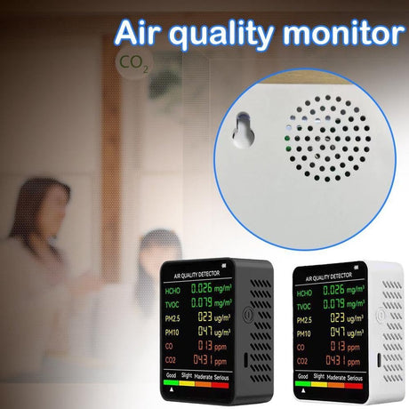 Air Quality Monitor - 6 Functions - Detects PM2.5, PM10, HCHO, TVOC, CO, CO2 - Suitable for monitoring indoor air, testing office spaces, inspecting car air, and monitoring the outdoor environment - Wit