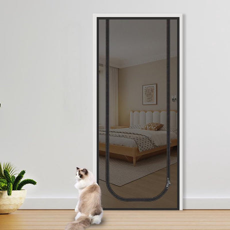 Reinforced cat screen door, flexible screen door with zipper, anti-theft door, mosquito net, thickened cat-proof mesh, suitable for living room, kitchen, bedroom, black, 90x220cm