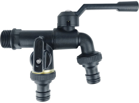 Brass double drain fitting for outdoor use - 3/4 inch - black - frost resistant - rust resistant - irrigation system - garden - ball valve - 2 outlets