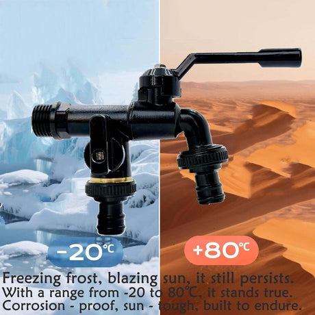 Brass double drain fitting for outdoor use - 3/4 inch - black - frost resistant - rust resistant - irrigation system - garden - ball valve - 2 outlets