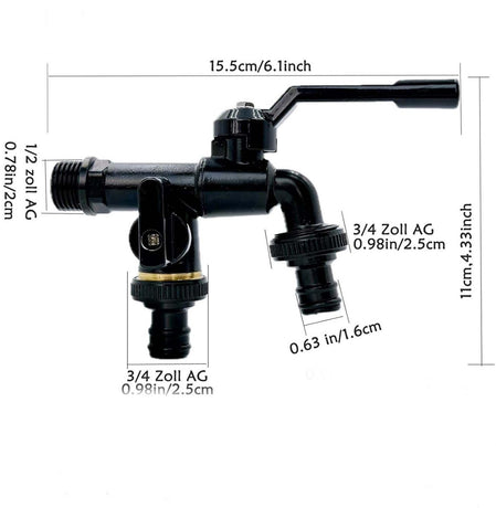 Brass double drain fitting for outdoor use - 3/4 inch - black - frost resistant - rust resistant - irrigation system - garden - ball valve - 2 outlets
