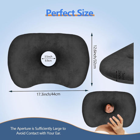 Curved side pillow - Ear holes - Adjustable cotton/polyester - Machine washable - Suitable for pierced ears - Black