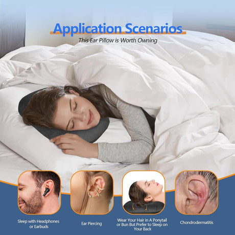 Curved side pillow - Ear holes - Adjustable cotton/polyester - Machine washable - Suitable for pierced ears - Black