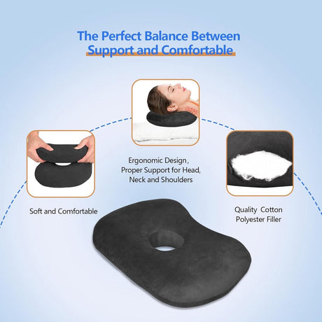 Curved side pillow - Ear holes - Adjustable cotton/polyester - Machine washable - Suitable for pierced ears - Black