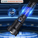 Waterproof and powerful LED flashlight - 10,000 lumens - 5 lighting modes - Rechargeable and zoomable - Long beam - Survival and outdoor use - Batteries included - USB-C rechargeable - Emergency kit - Camping