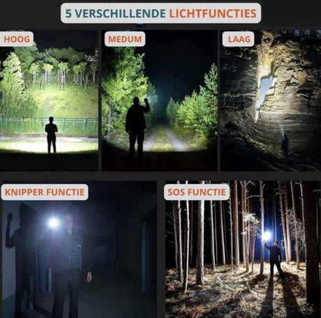 Waterproof and powerful LED flashlight - 10,000 lumens - 5 lighting modes - Rechargeable and zoomable - Long beam - Survival and outdoor use - Batteries included - USB-C rechargeable - Emergency kit - Camping