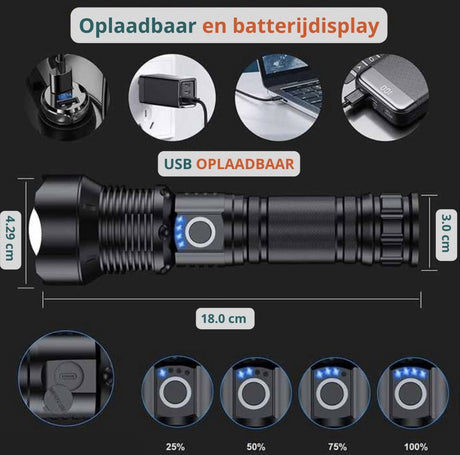 Waterproof and powerful LED flashlight - 10,000 lumens - 5 lighting modes - Rechargeable and zoomable - Long beam - Survival and outdoor use - Batteries included - USB-C rechargeable - Emergency kit - Camping