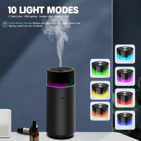 Car essential oil diffuser with automatic on/off function, portable humidifier with memory function, battery operated, with 8-color ambient light for car, home, office and travel (black)