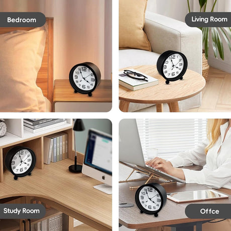 Wekker, analog, silent, no ticking, metal, black, large digits, silent night clock, quartz movement, sweep frequency, battery operated, portable alarm clock for bedroom, living room