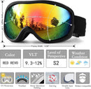 Ski goggles to wear over glasses, with double-layered lenses, anti-fog treatment and UV protection. Suitable for men, women and teenagers who ski and snowmobile.