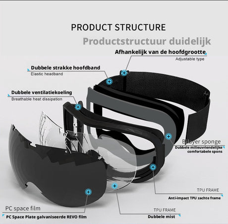 Ski goggles to wear over glasses, with double-layered lenses, anti-fog treatment and UV protection. Suitable for men, women and teenagers who ski and snowmobile.