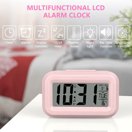 Wekker Digital Alarm Clock - Children's Clock - Wekker - Wekker Children's Alarm Clock - Travel Alarm Clock - LED Display Clock - Adjustable 12/24 Hour Snooze Function, Temperature, Date, Time - Portable Alarm Clock - Pink