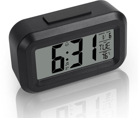 Wekker Digital Alarm Clock - Children's Clock - Wekker - Wekker Children's Alarm Clock - Travel Alarm Clock - LED Display Clock - Adjustable 12/24 Hour Snooze Function, Temperature, Date, Time - Portable Alarm Clock - Black