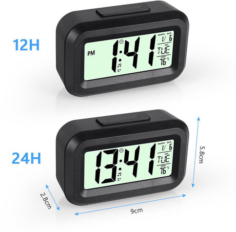Wekker Digital Alarm Clock - Children's Clock - Wekker - Wekker Children's Alarm Clock - Travel Alarm Clock - LED Display Clock - Adjustable 12/24 Hour Snooze Function, Temperature, Date, Time - Portable Alarm Clock - Black