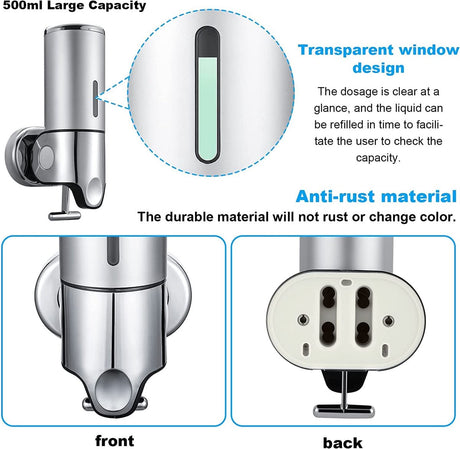 Soap dispenser - Wall-mounted soap dispenser - Soap dispenser - 500ml pump - Suspended - Brushed stainless steel - Bathroom - Toilet - Shower - Black