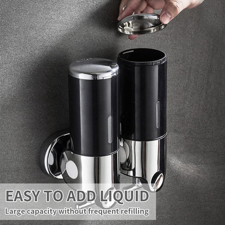 Soap dispenser - Wall-mounted soap dispenser - Soap dispenser - 500ml pump - Suspended - Brushed stainless steel - Bathroom - Toilet - Shower - Black