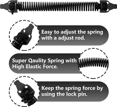 Door closer - Door spring - 36 cm - Outdoor door closer - Gate locks - Garden gate spring - Black - Carbon steel - For wooden fence gates - With mounting accessories
