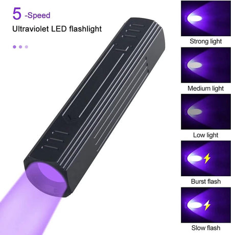 UV Flashlight - Professional UV Lamp - Black Light - 365 nm - Black Filter - Rechargeable - For curing resins, gemstones, minerals, and nail art