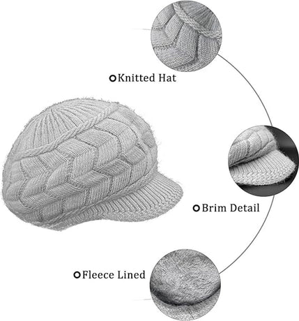 Hats - Women's Hats - Winter Hats - Knitted Beanie - Women's Wool Beanie - Warm Wool Knitted Beanie - With Visor - Newsboy Cap - Warm Fleece Lining - Skiing - Walking - Everyday Casual Wear
