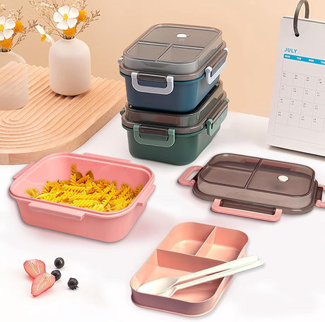 Lunch box with compartments, all-in-one double-layer lunch box, leakproof lunch box with cutlery for work, school, and picnics