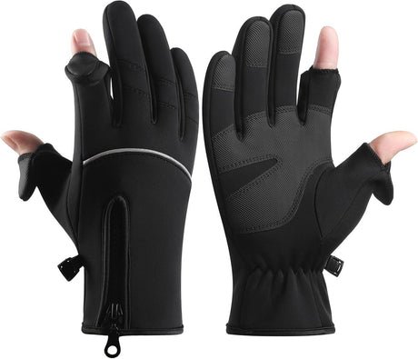 Men's and Women's Winter Gloves - 2-Finger Touchscreen Gloves - Running Gloves - Cycling Gloves - Driving Gloves - Warm Gloves - Winter Fishing Gloves - Black