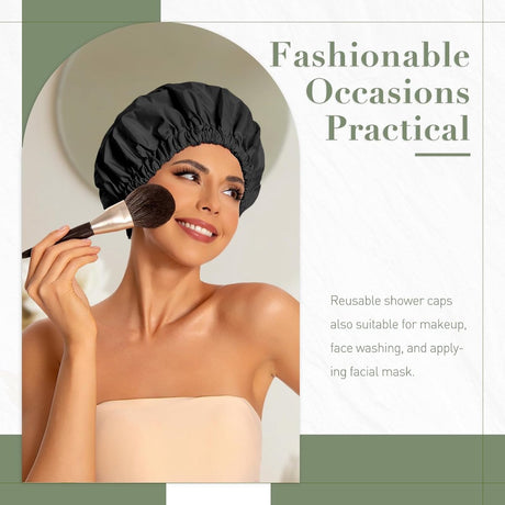 Swimming Cap - Women's Shower Cap - Large Waterproof Shower Cap - Washable Elastic Band - Swimming Cap for Long Hair - Thick Hair - Black - Perfect for the Bathroom, Travel and Outdoors