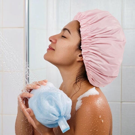 Swimming Cap - Women's Shower Cap - Large Waterproof Shower Cap - Washable Elastic Band - Swimming Cap for Long Hair - Droog Hair - Pink - Perfect for the Bathroom, Travel and Outdoors
