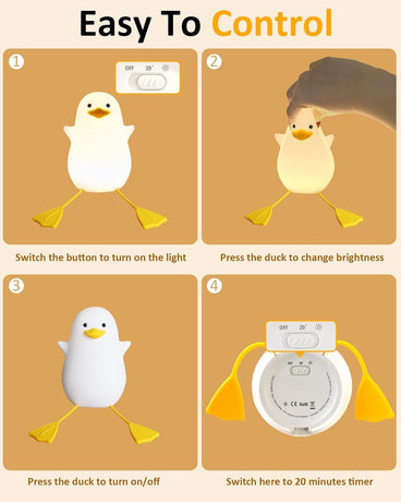 Cute Yellow Duck Night Light - Silicone Night Light for Children - Dimmable Touch Control with Timer - Baby Care Night Light - USB Rechargeable LED Bedside Lamp - Suitable for Bedroom and Nursery Decoration