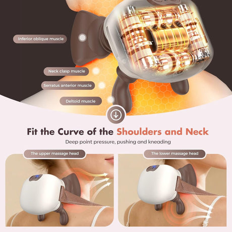 4D neck massager, shoulder massager with heating, a cordless and portable massager that simulates manipulation by a human hand, suitable for relieving neck pain and relaxing muscles, with 3 adjustable levels. (Wit)
