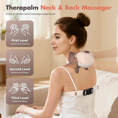 4D neck massager, shoulder massager with heating, a cordless and portable massager that simulates manipulation by a human hand, suitable for relieving neck pain and relaxing muscles, with 3 adjustable levels. (Wit)