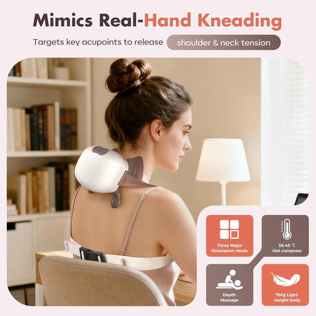 4D neck massager, shoulder massager with heating, a cordless and portable massager that simulates manipulation by a human hand, suitable for relieving neck pain and relaxing muscles, with 3 adjustable levels. (Wit)