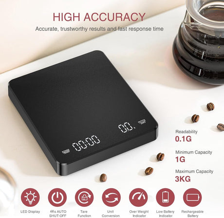 Coffee Scale - Digital Coffee Scale with Timer - Rechargeable for Filter Coffee, 3 kg / 0 g Digital Espresso Scale - with Peeling Function - 3 Units, LED Display - Black