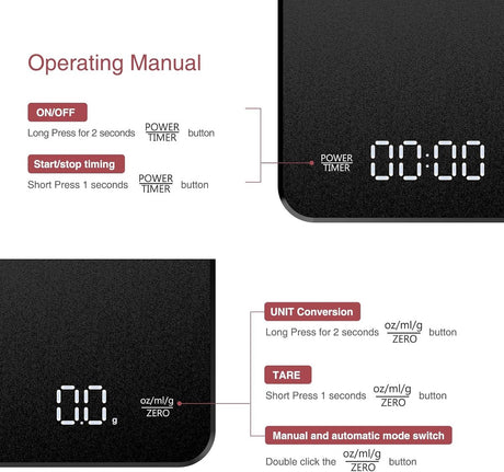 Coffee Scale - Digital Coffee Scale with Timer - Rechargeable for Filter Coffee, 3 kg / 0 g Digital Espresso Scale - with Peeling Function - 3 Units, LED Display - Black