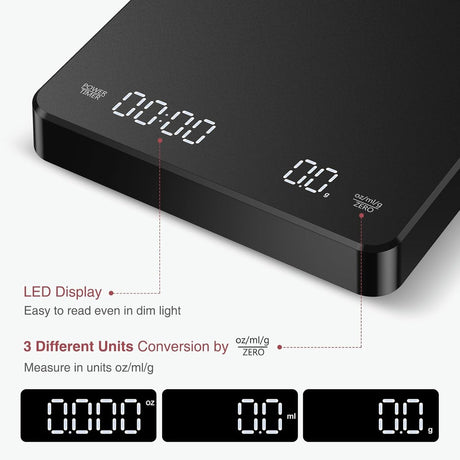 Coffee Scale - Digital Coffee Scale with Timer - Rechargeable for Filter Coffee, 3 kg / 0 g Digital Espresso Scale - with Peeling Function - 3 Units, LED Display - Black