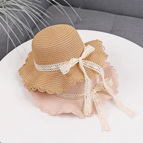 Lace straw hat - trendy hat with scalloped brim and kanten ribbon - sun hat for girls - UV 50+ protection hat - headwear for babies and children - beach hat