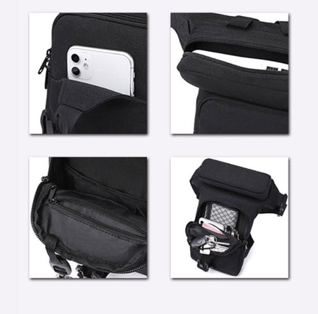 Fanny pack - Leg bag - Motorcycle fanny pack - Motorcycle bag - Tactical leg bag - Tool bag - Unisex - Black - Large capacity - 16 x 5 x 29 cm - 4 compartments - Polyester