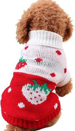 Dog Coat - Dog Sweater - Classic Turtleneck Knit Dog Sweater - Warm Winter Dog Clothes - Cute Strawberry Heart Pattern - Perfect for Small and Medium Dogs - Red - Size XL