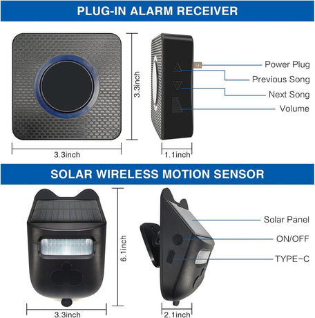 Driveway alarm - Entry detector - Solar driveway alarm - Motion detector - Wireless = Security - Wireless solar driveway alarm - Motion detector - Doorbell - DIY security system - (2 sensors and 1 doorbell)