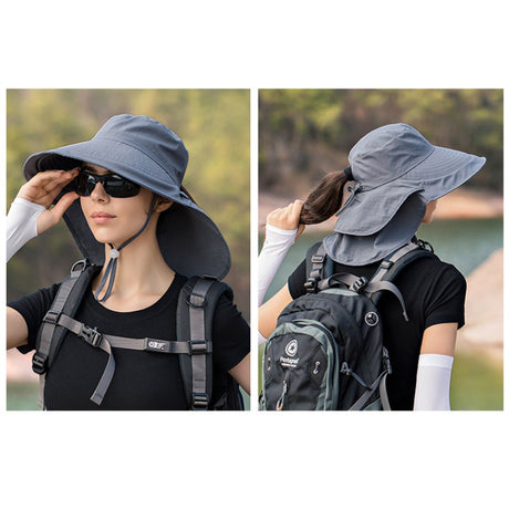 Women's and Men's Sun Hat - Foldable Garden Hat - Wide Brim with Neck Flap - With Chin Strap - For Outdoor Activities and Gardening - Dark Grey - 1 Piece