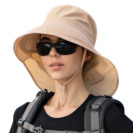Women's and Men's Sun Hat - Foldable Garden Hat - Wide Brim with Neck Flap - With Chin Strap - For Outdoor Activities and Gardening - Cream Color - 1 Piece