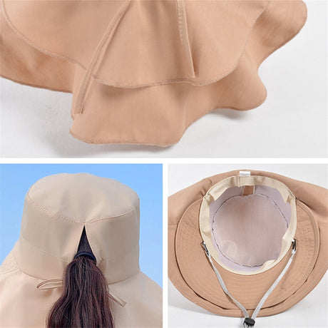 Women's and Men's Sun Hat - Foldable Garden Hat - Wide Brim with Neck Flap - With Chin Strap - For Outdoor Activities and Gardening - Cream Color - 1 Piece