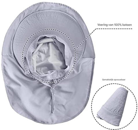 Women's and Men's Sun Hat - Foldable Garden Hat - Wide Brim with Neck Flap - With Chin Strap - For Outdoor Activities and Gardening - Light Grey - 1 Piece