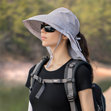 Women's and Men's Sun Hat - Foldable Garden Hat - Wide Brim with Neck Flap - With Chin Strap - For Outdoor Activities and Gardening - Light Grey - 1 Piece