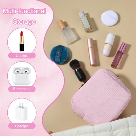 Toiletry bag - Women's toiletry bag - Toiletry bag - Tampon storage bag - Corduroy - Small makeup bag - Mini toiletry bag - Soft storage bag - Portable makeup bag (Pink)