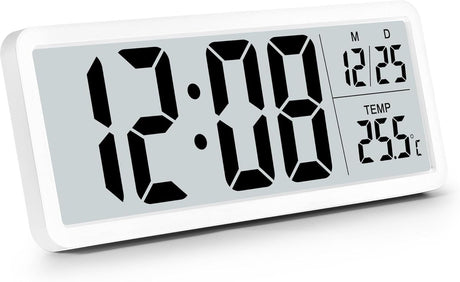 Battery-operated digital wall clock with large numbers, temperature display, 12/24 hour format for office, living room, bedroom, school