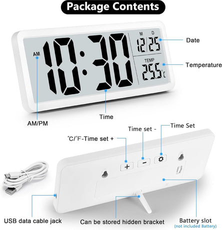 Battery-operated digital wall clock with large numbers, temperature display, 12/24 hour format for office, living room, bedroom, school