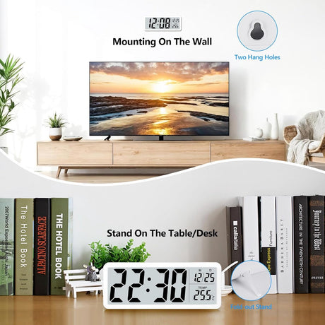 Battery-operated digital wall clock with large numbers, temperature display, 12/24 hour format for office, living room, bedroom, school