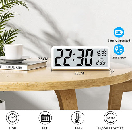 Battery-operated digital wall clock with large numbers, temperature display, 12/24 hour format for office, living room, bedroom, school