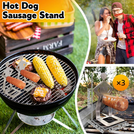 BBQ Stainless Steel Sausage Holder, 3 Pieces, Portable Standing Man Stand, Fun Fork for Camping, Picnic, Garden, Kitchen, BBQ, Gifts for Men