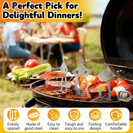 BBQ Stainless Steel Sausage Holder, 3 Pieces, Portable Standing Man Stand, Fun Fork for Camping, Picnic, Garden, Kitchen, BBQ, Gifts for Men